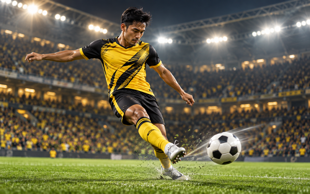 Football player in a lit stadium